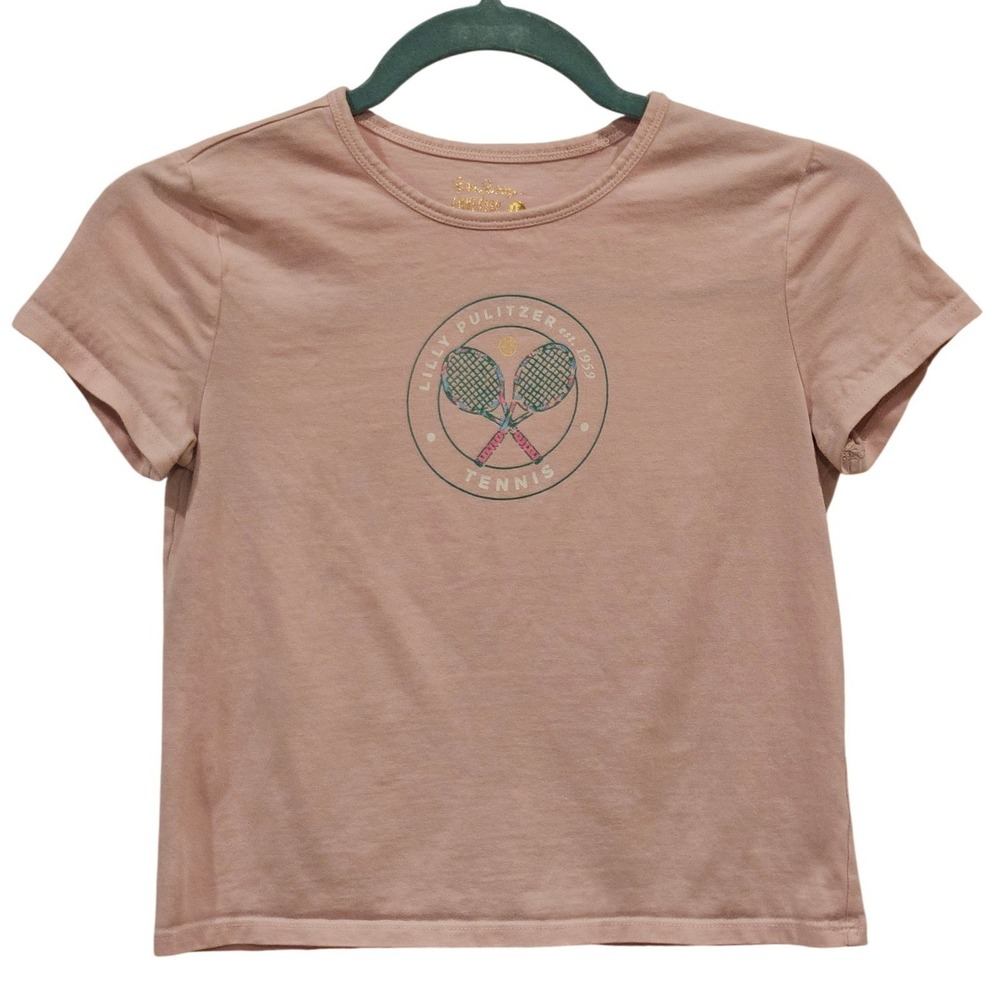 Lilly Pulitzer Luxletic Girls Mauve Pink Tennis Racket Graphic Tee Shirt Size L